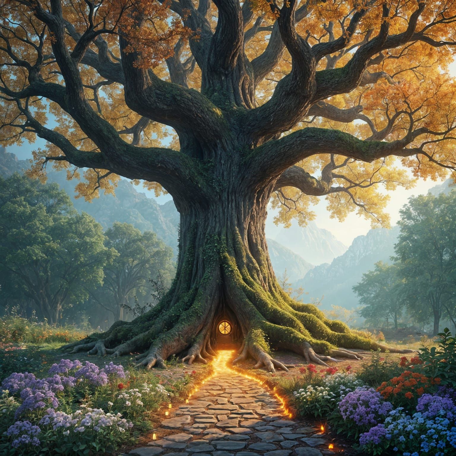 An ancient oak tree in fall color with glowing roots reaching into the earth