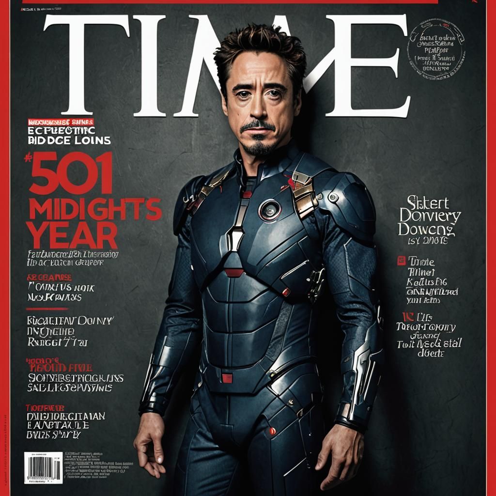A realistic magazine cover of “Time Magazine” featuring “Robert Downey Jr” in a midnights bodysuit as ...  by @Bear Bear 