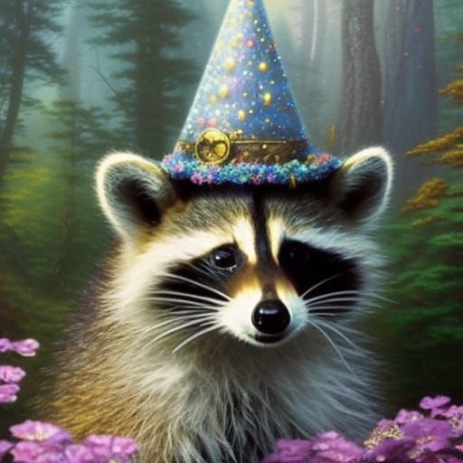 a raccoon in a wizard's outfit, casting earth magic ethereal fantasy hyperdetailed mist Thomas Kinkade ...  by @Quebra