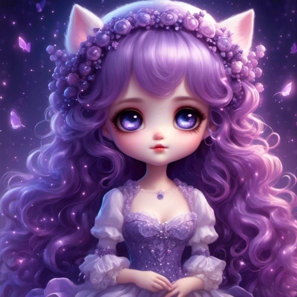 Long purple-haired chibi girl with cat ears.