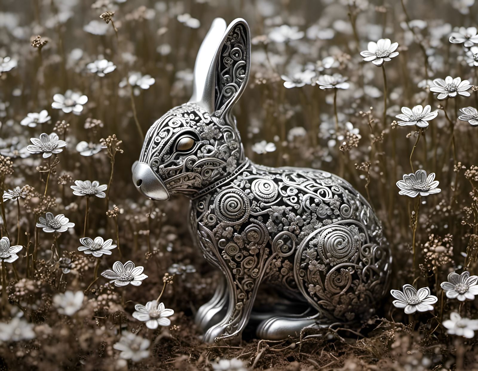 Intricate silver bunny in a field of metal  flowers <lora:MetalWorks:1.0> 