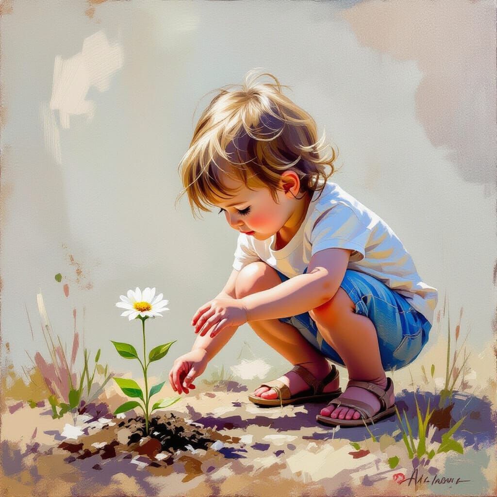 Child Touches Flower in Oil Painting Style