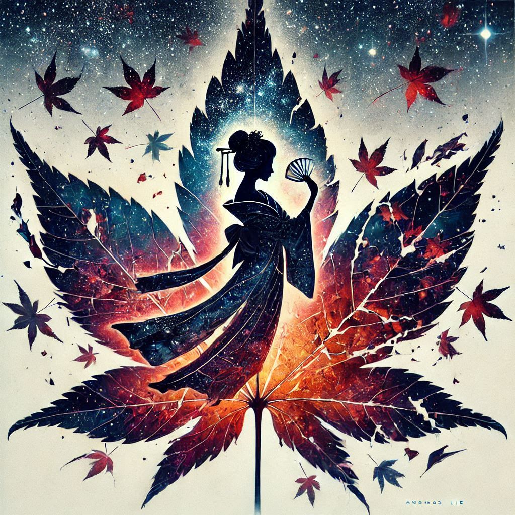 Double exposure Geisha and maple leafs