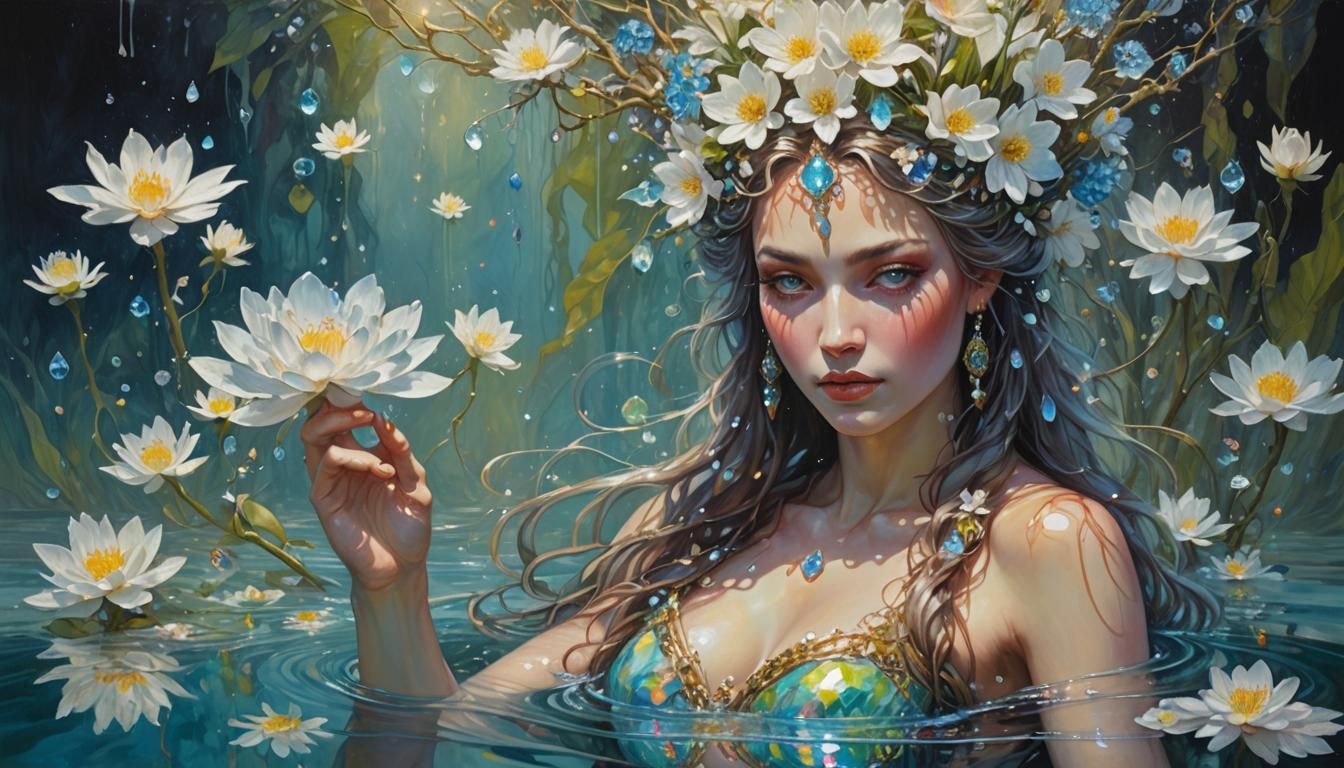Magical, stunning goddess with crystal flowers with liquid opal splashes reflecting in the water
  by @Dorian