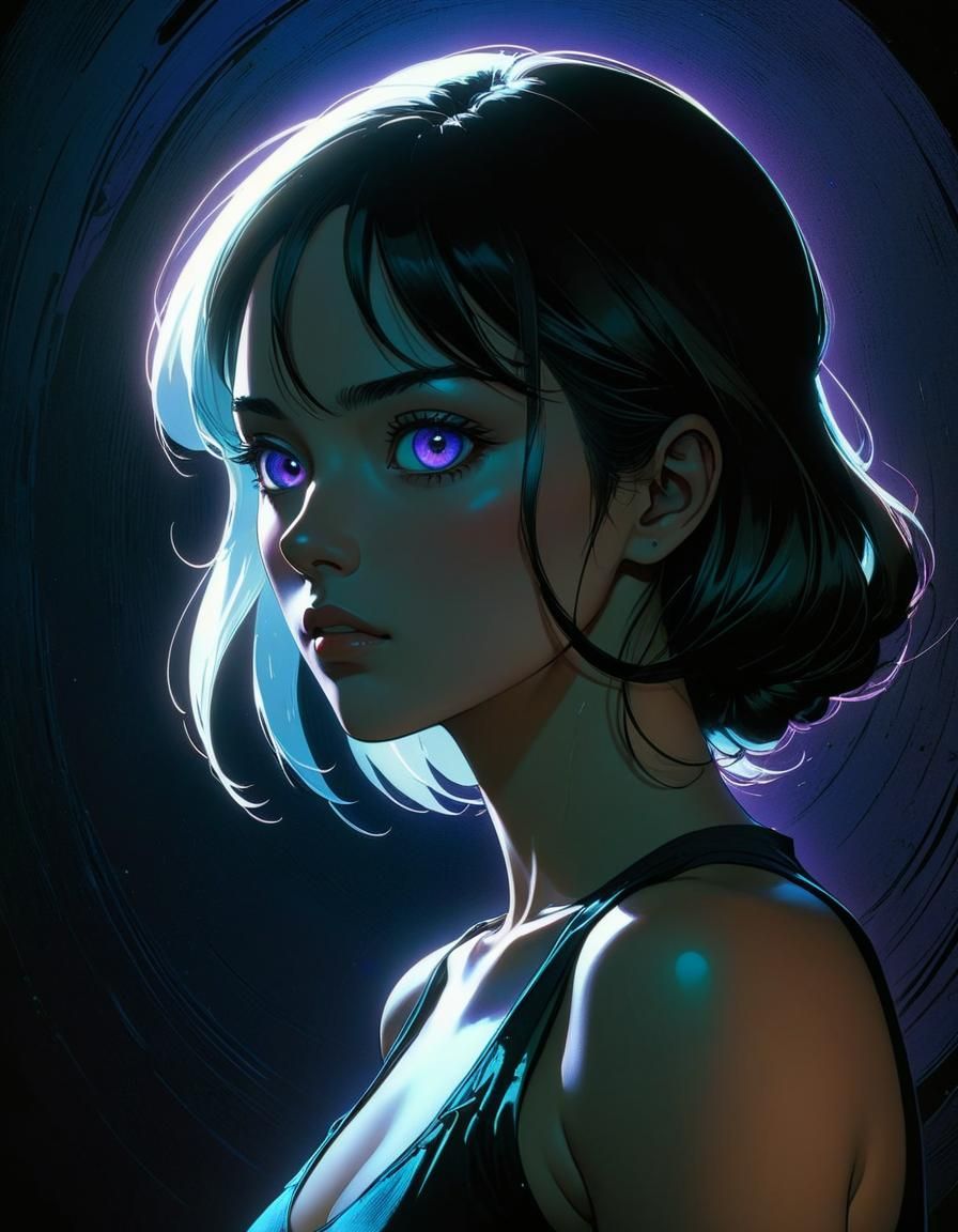 Anime Girl in Dark Room: Glitch Art Illustration