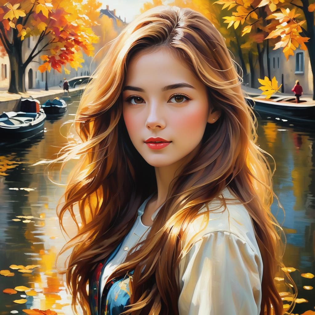 Impressionistic Woman by Canal in Autumn Sunlight