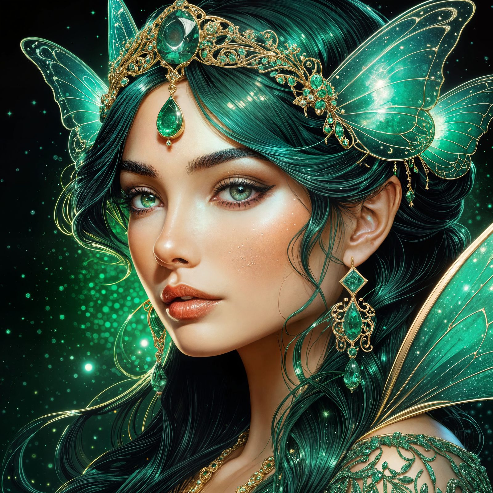 A Fairy wearing fine jewelry. Emerald sparkles, masterpiece, filigree, 8k resolution. light dust, fantasy, ...  by @Bunnzo