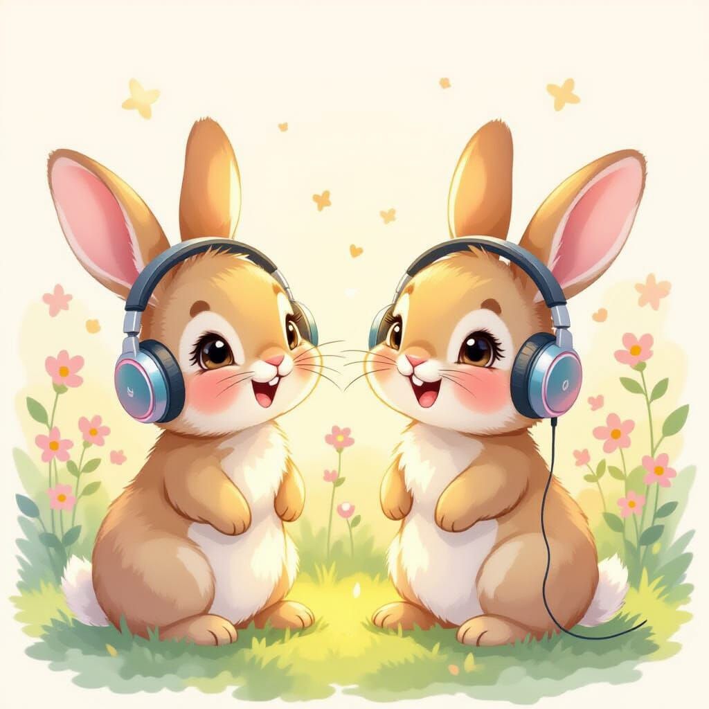 Cute Bunnies Singing with Joy in Watercolor Style