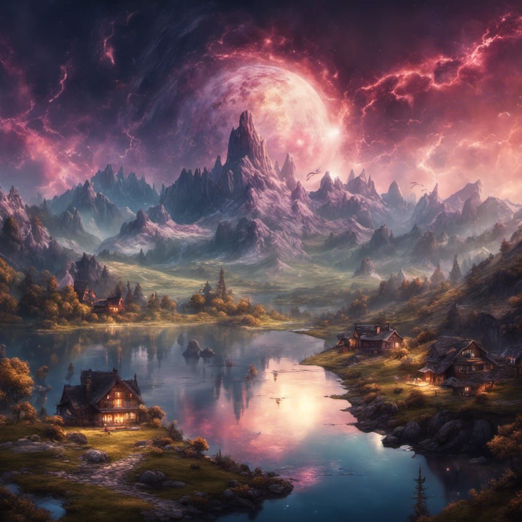 Beautiful mountains with little villages and lakes, cosmic backround   by @Tnyx Smith