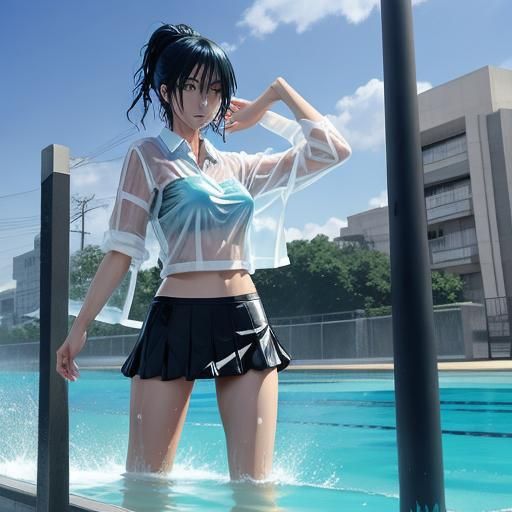 Hot anime girl wearing a wet bikini and a wet transparent sh...