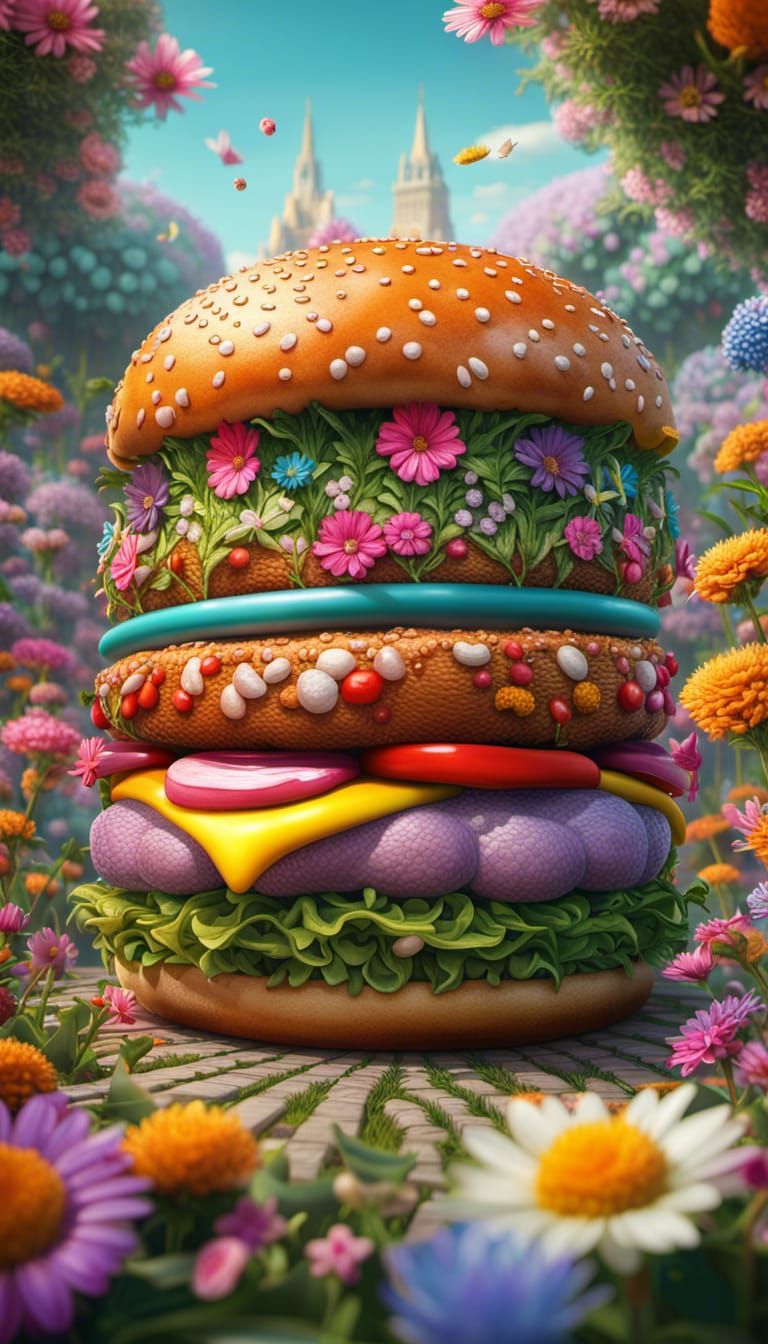 The beautiful flowering garden burger between two buns photorealistic intricately detailed HDR
