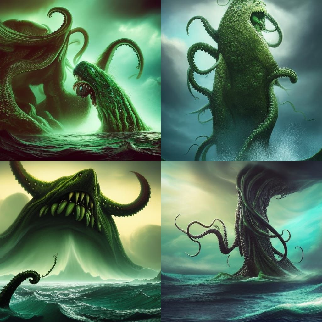 A giant sea With a huge monster rising out of it the monster has