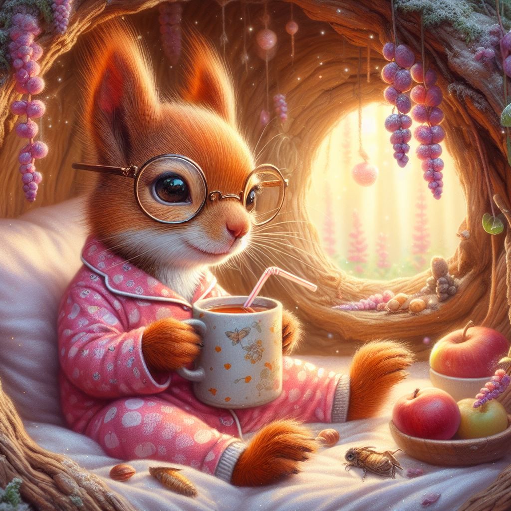 Cute Red Squirrel in pj's in cosy tree hollow home