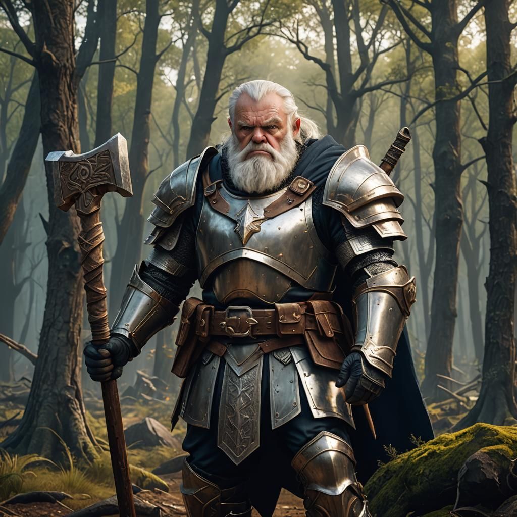Grumpy old man in armor holding a hammer. barren forest back...