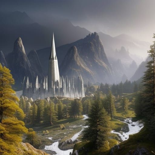 Saruman's lone white tower surrounded by mountains in the forested ...