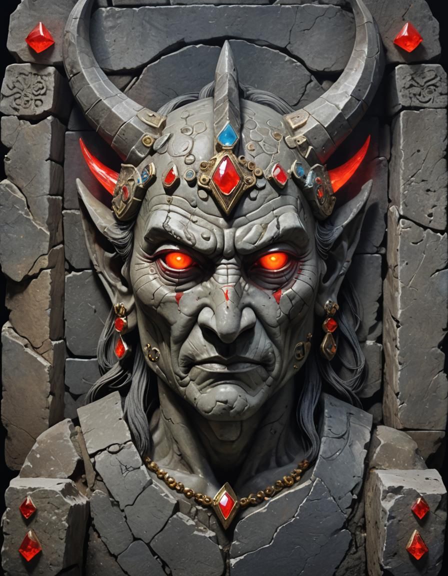 scenic picture of a ancient gambling god, grey stone face, p...
