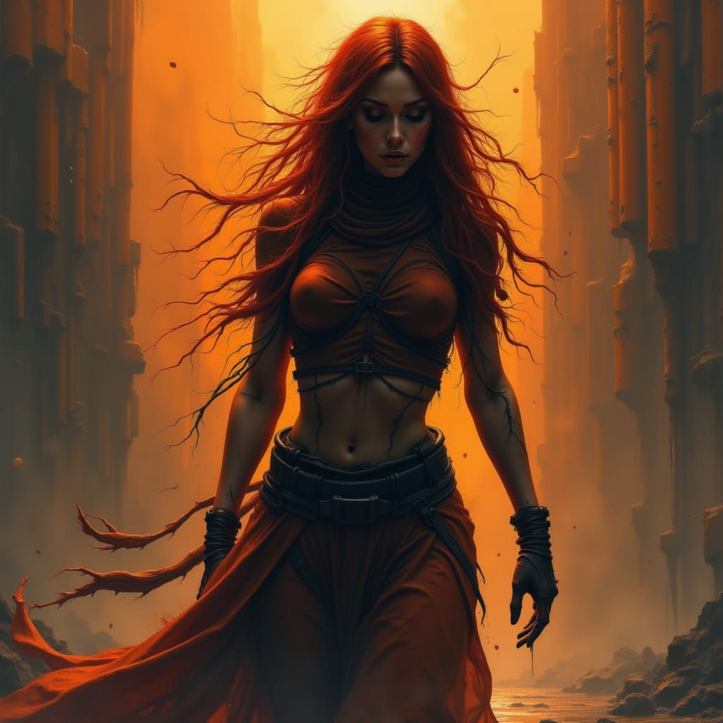 Medium shot of a female sci-fi protagonist in a cyberpunk city on a rainy evening. <lora:Caffeine Grimoire:1.0> Burnt Orange Palette,