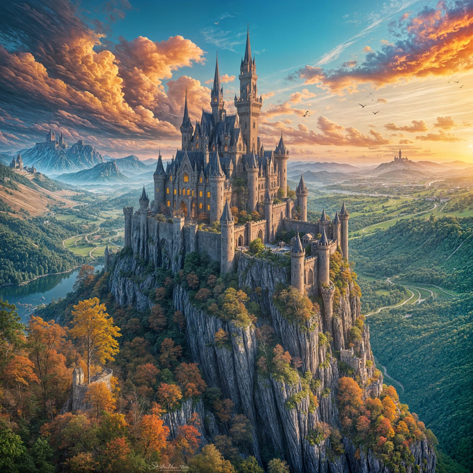 Gothic Fantasy Castle on Steep Mountain at Sunset