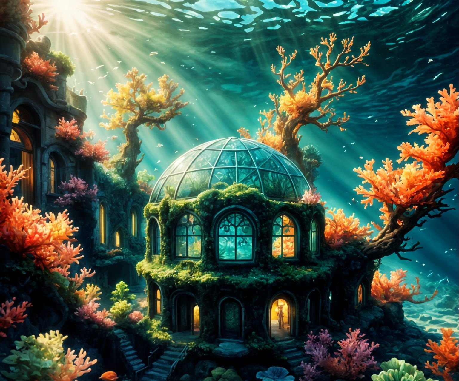 glass covering beautiful artistic decorated modern building underwater.  by @Heidi25