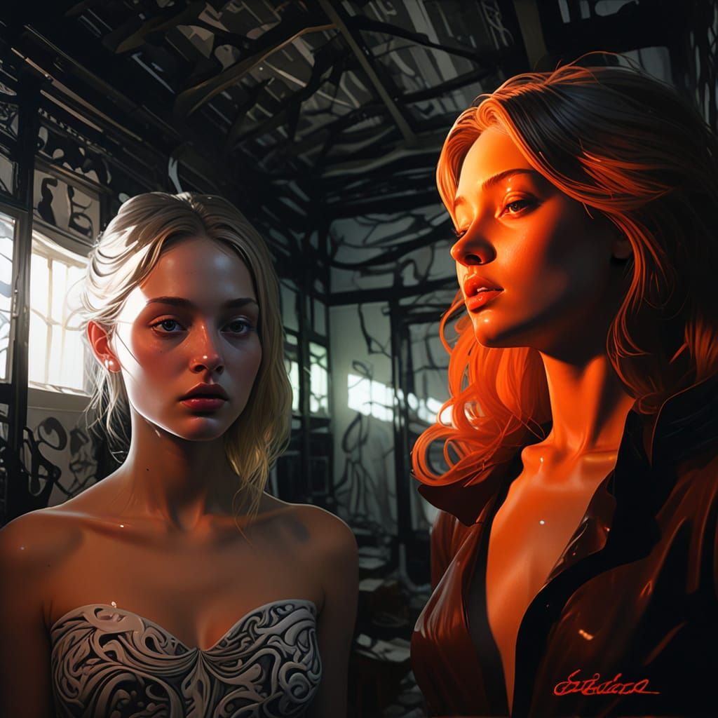 Readable newsprint text flows around and upon her in a molten merger of minds and faces. Gaussian-blurred softened face and body, a body-pai...