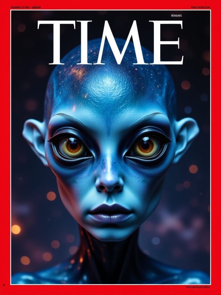 TIME MAGAZINE: Alien of the year <lora:Regal Alien Woman:1.0> <lora:Marionette-Flux:1.0> 