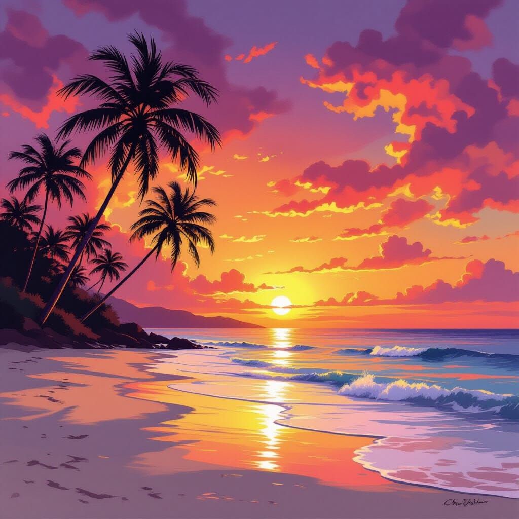 Dreamy beach  scene with palm trees daytime 