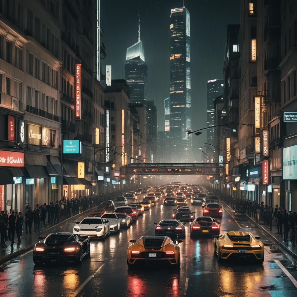 Night Car Race with Luxury Cars in Cityscape