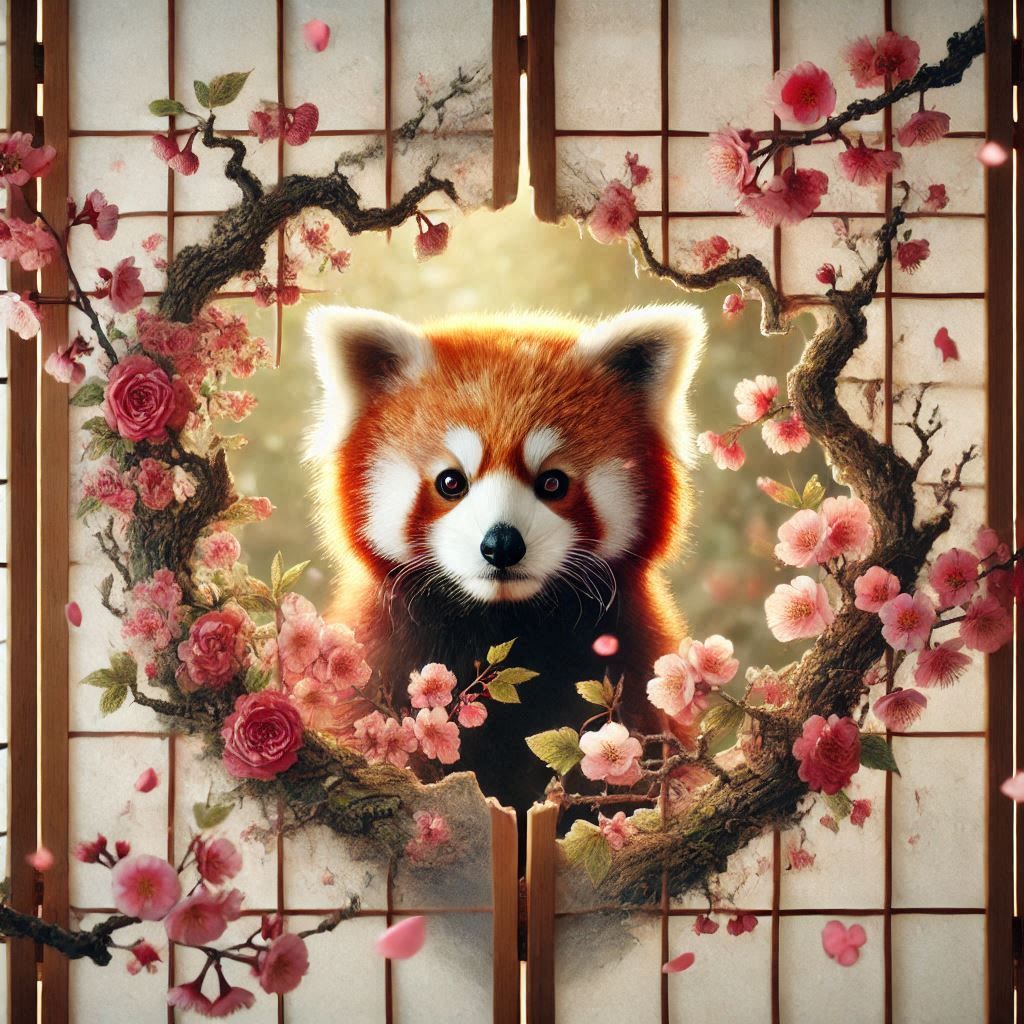 Cute Little Red Panda peeping through Shoji screen (2)