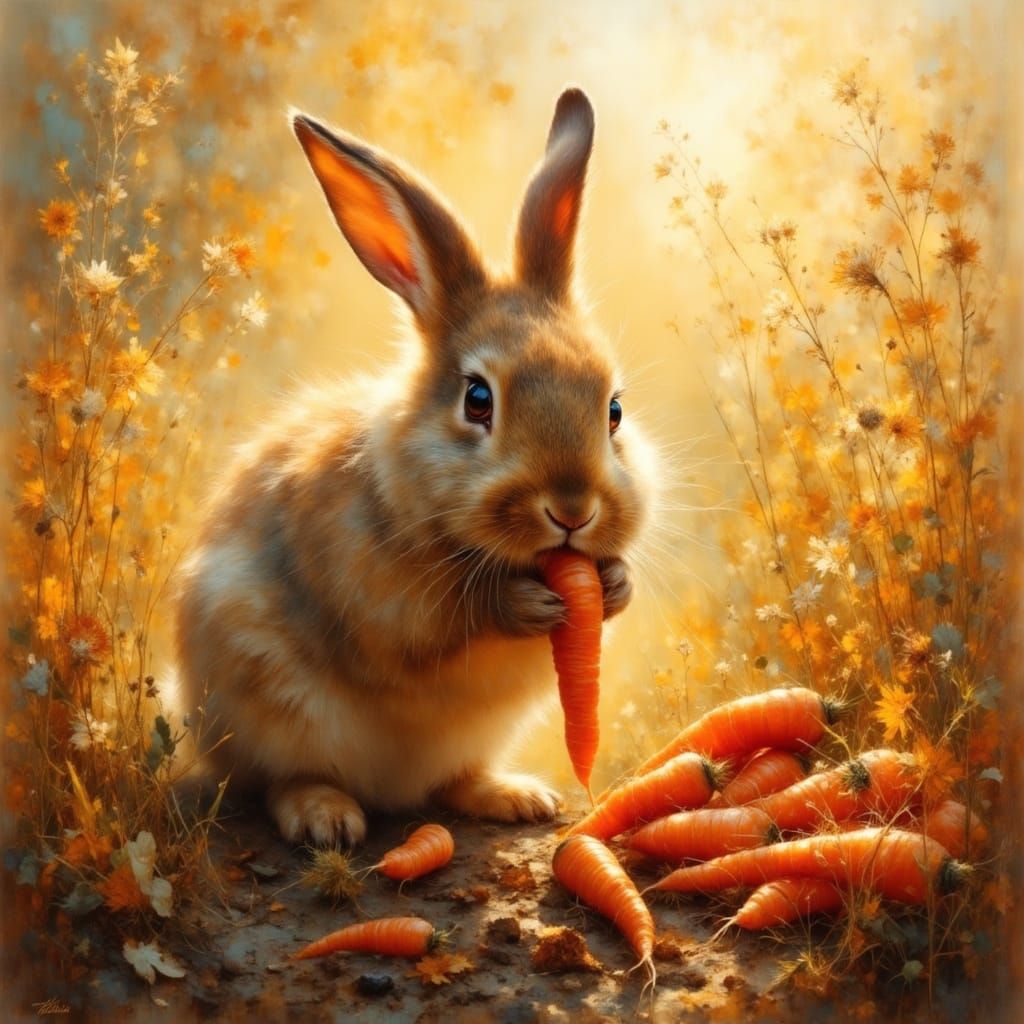 <lora:Brushed Oils:1.0> <lora:EtherealVisionsFlux:1.0> a rabbit has stolen carotts of the field airbrush ...  by @Chalipo