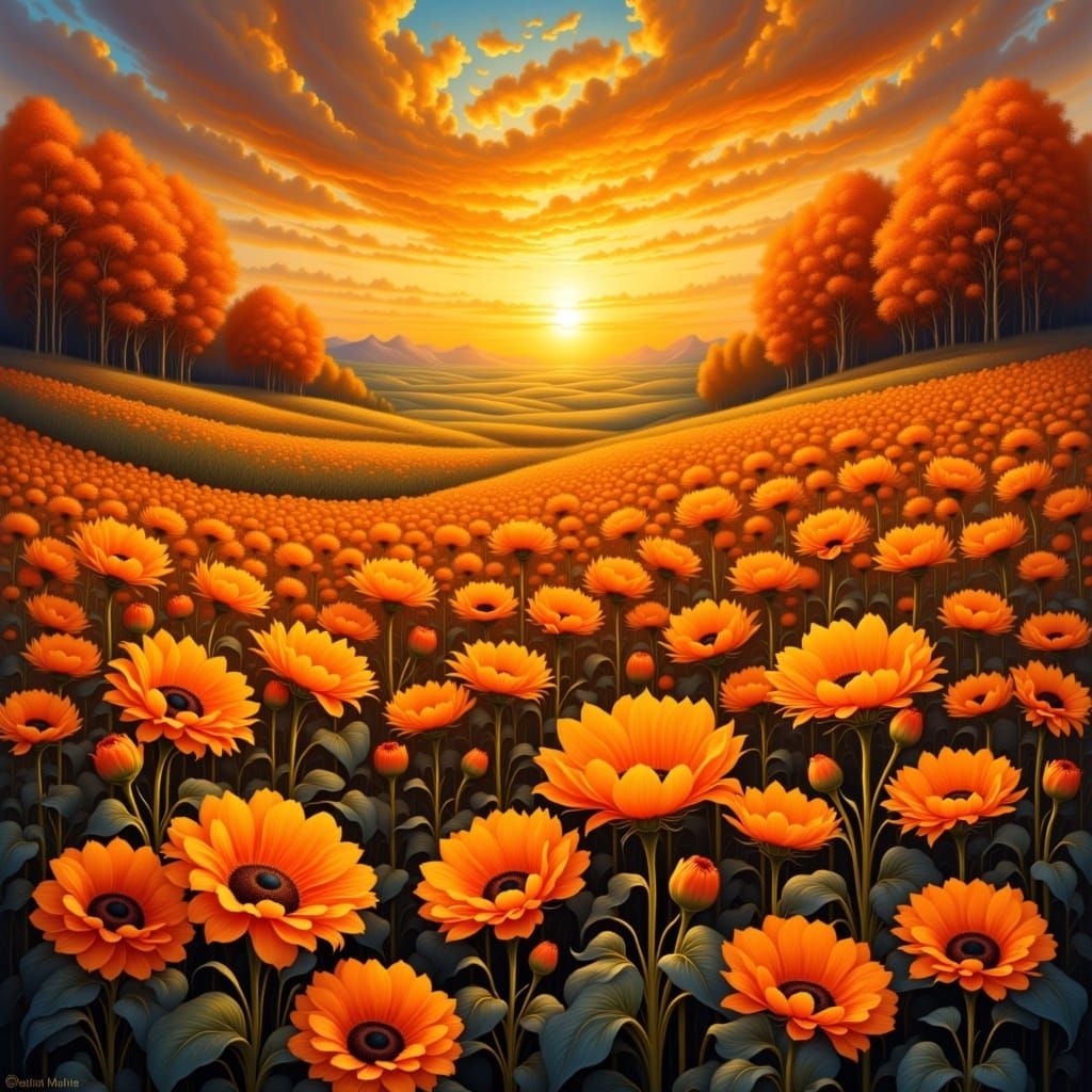 The Vivid Monochromatic Orange Flower Garden under sunset with variety of orange flowers,<lora:Movement-bg-flux:1.0>