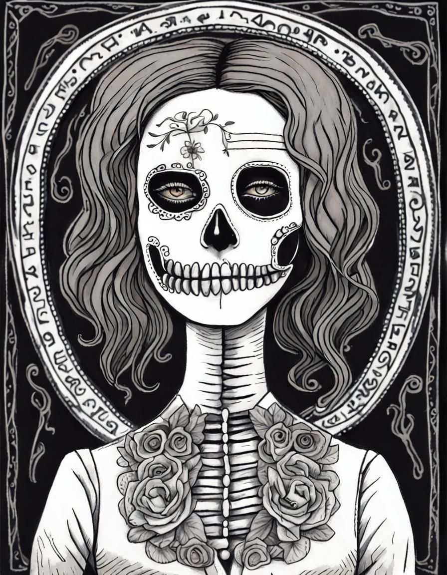 Girl with Death Mask (She Plays Alone) in the style of Lynda Barry AI