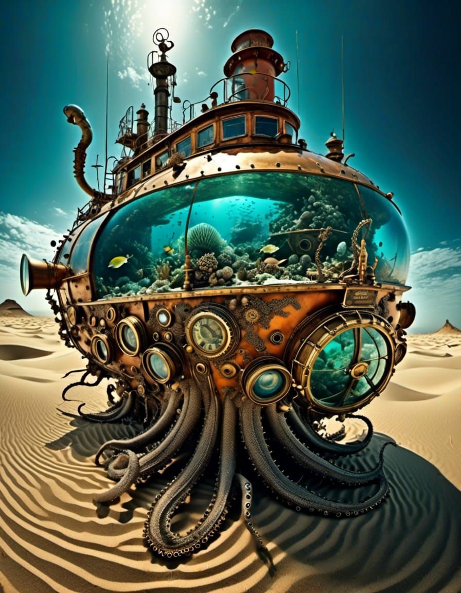 fisheye lens <lora:Surreal v2:1.0> Steampunk Submarine on Desert-Sand with Marine-Life focused Coral-Squid, intricately detailed, poster art...