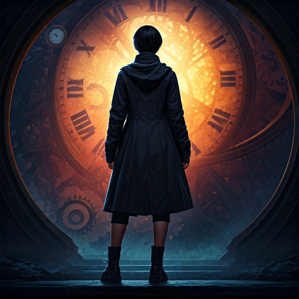 Thai Woman Amidst Giant Clocks in Otherworldly Matte Paintin...