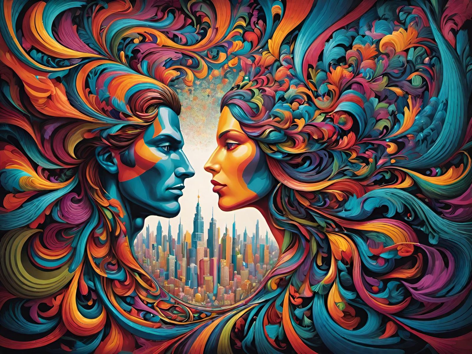 Two adult human figures, one male, one female,  facing each other in profile view.  cityscape.