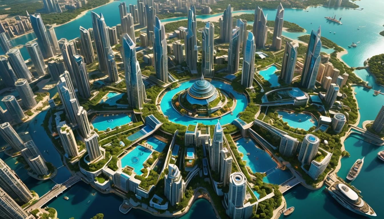 In the year 2500 AD, the skyline of Astraea, a mega island city off the coast of Dubai, emerges as a shimmering vision of the future, floati...