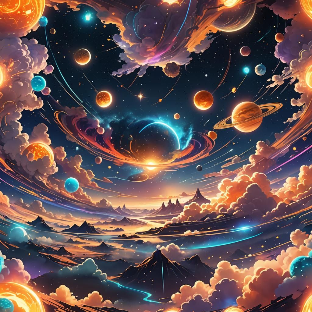 Celestial Bodies in Space as 3D Anime Art