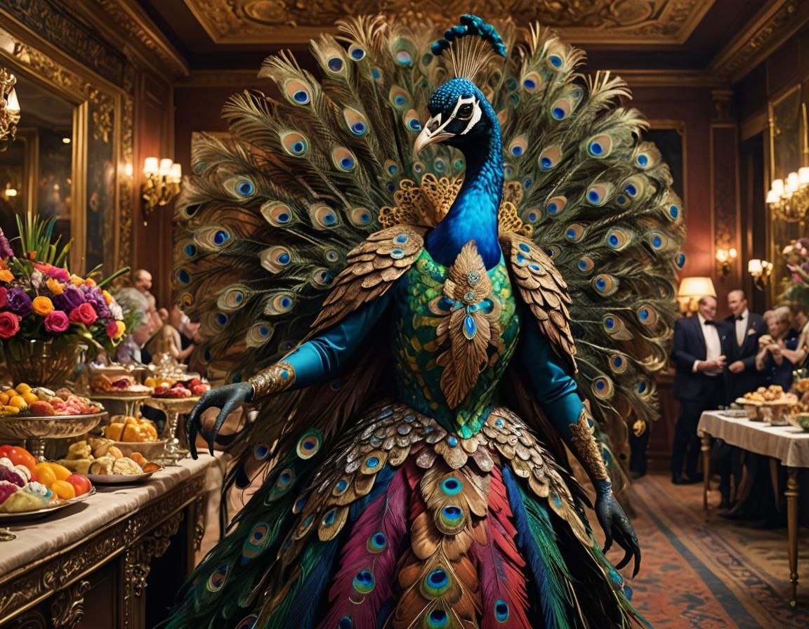 Peacock Humanoid in Colorful Evening Dress