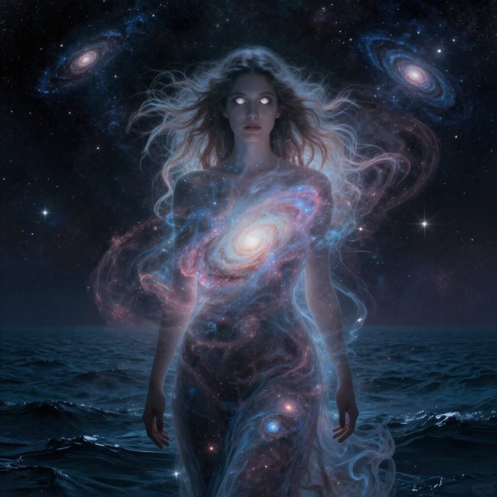 Ethereal Woman of Stardust in Cosmic Ocean