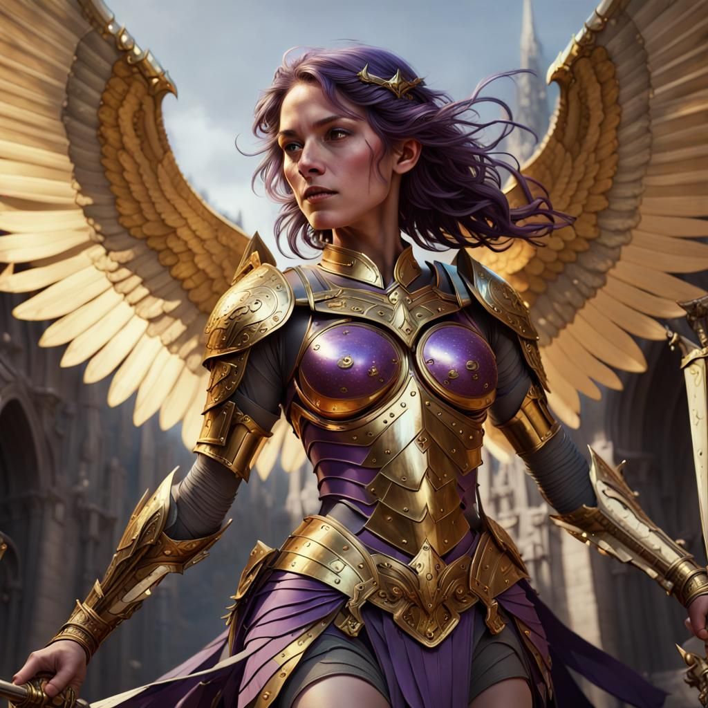 woman with golden freckles, angle wings, armor, long sword