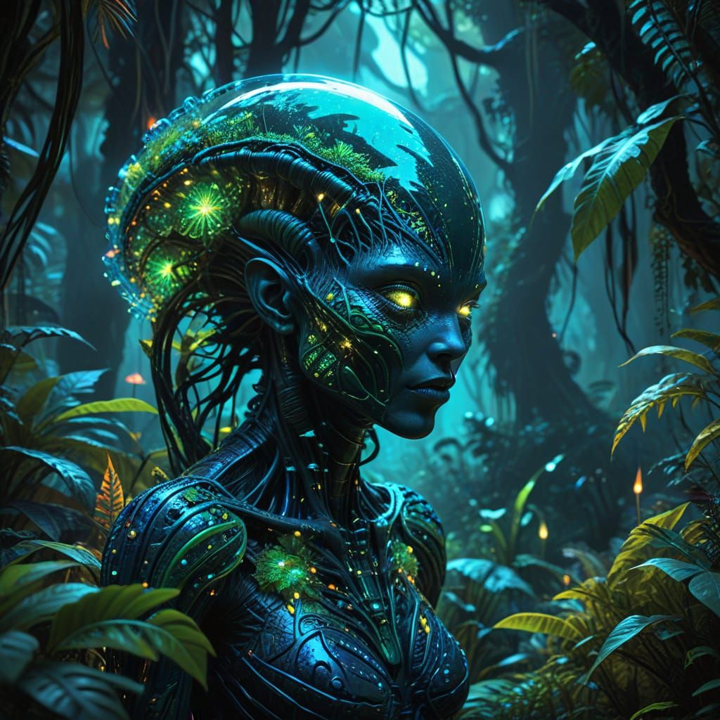 Surreal Alien Mind Merges with Vibrant Jungle in Double Expo...