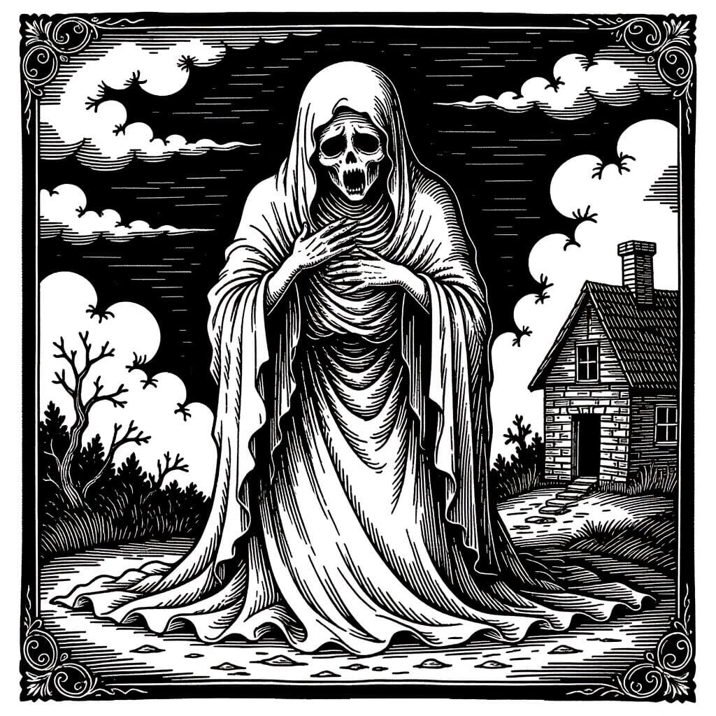 A medieval woodcut of a creepy crying female ghost. Her lower body dissolves into rags and clouds.
The style is archaic with a one streak fr...