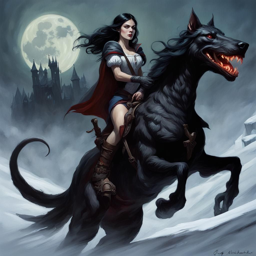 Snow white Vampire hunter riding Kelpie mount dark of the night hunters moon  by @Jagura