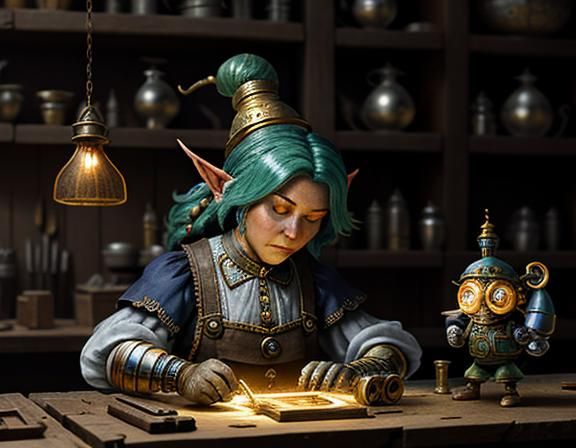 A female gnome, repairing an automaton at a workbench. Epic cinematic brilliant stunning intricate meticulously ...  by @Amanda