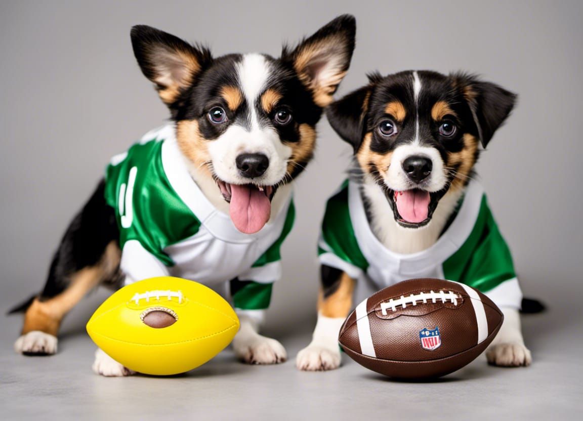 cute dogs in football costumes playing with a dog toy footba...