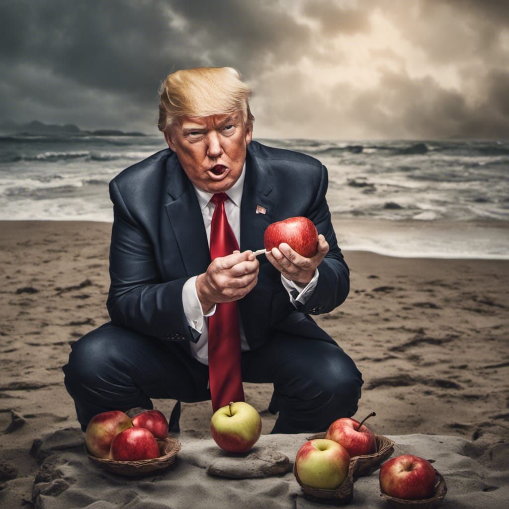 trump eating an apple at the beach