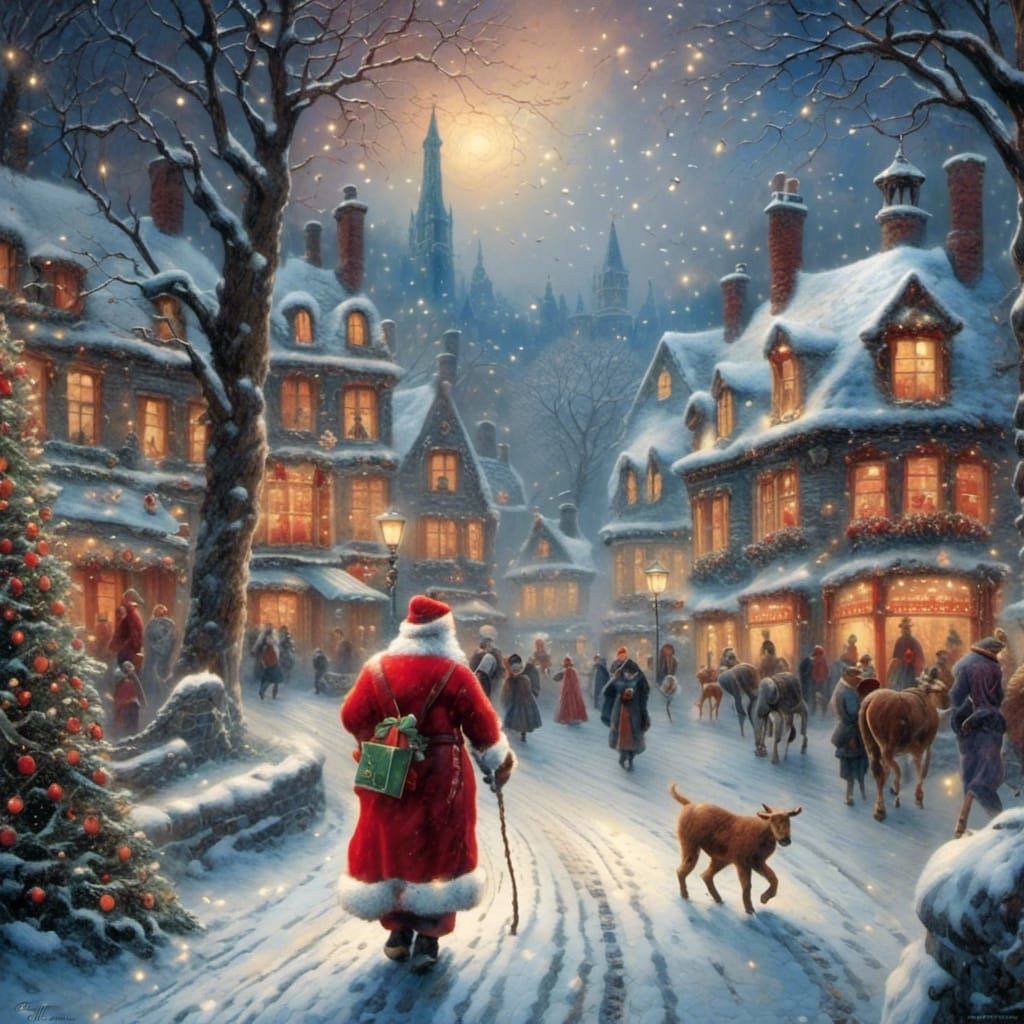 <lora:Tis the Season:1.0>  The Christmas {Coca-Cola} picture of Santa walking down a dark lane, lights twinkling through trees, illuminated...