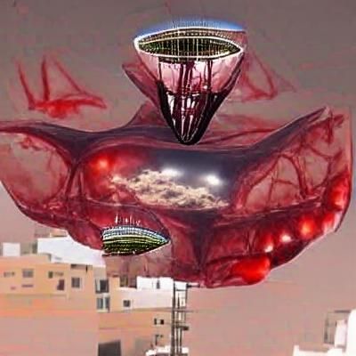alien mothership that has blood and organs hovering over a c...