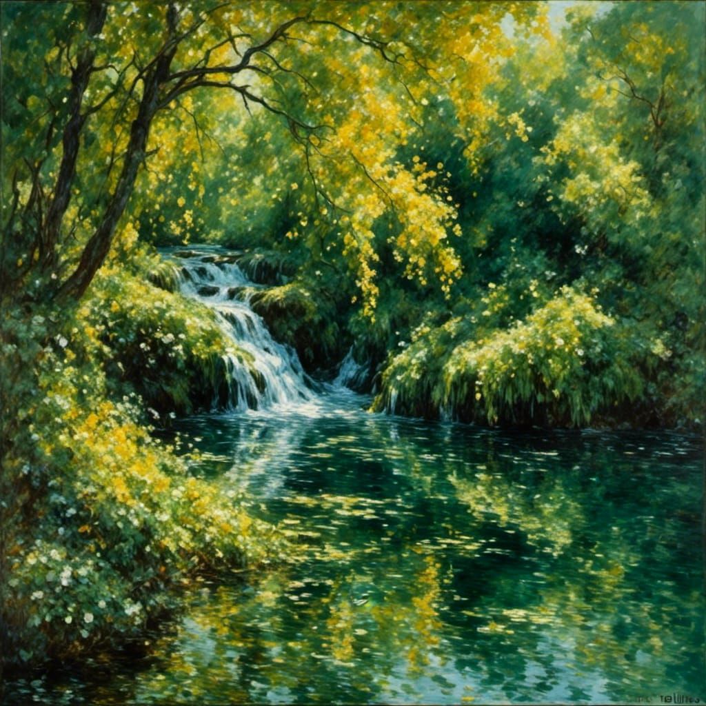  <lora:My Favourite Style:1.0>  Yellow-Green leaves on the water, waterfall, by Monet, highly detailed, deep contrast colour 