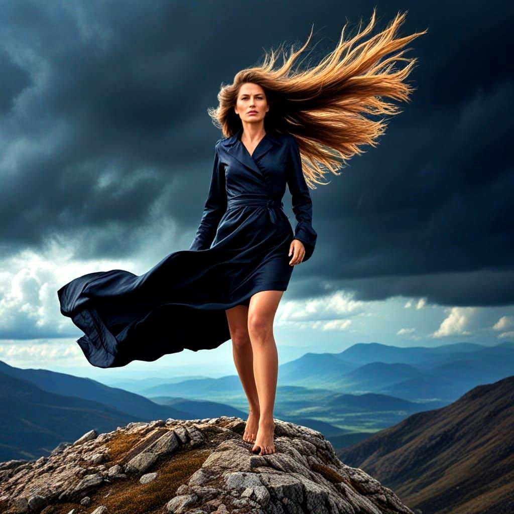 Elegant Lady Rides Hurricane Winds on Mountain Peak