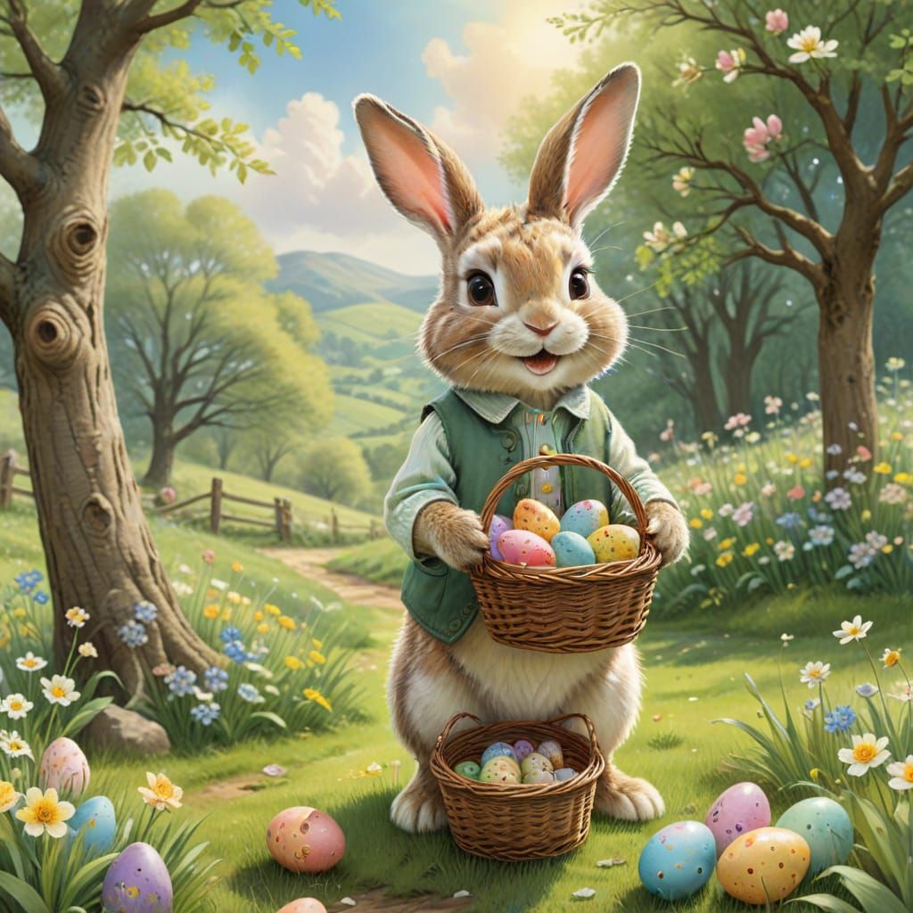 Easter bunny stands by a tree with a full wicker basket of colorful Easter eggs, he smiles, he is wearing ...  by @GRAZYNA-BARBARA
